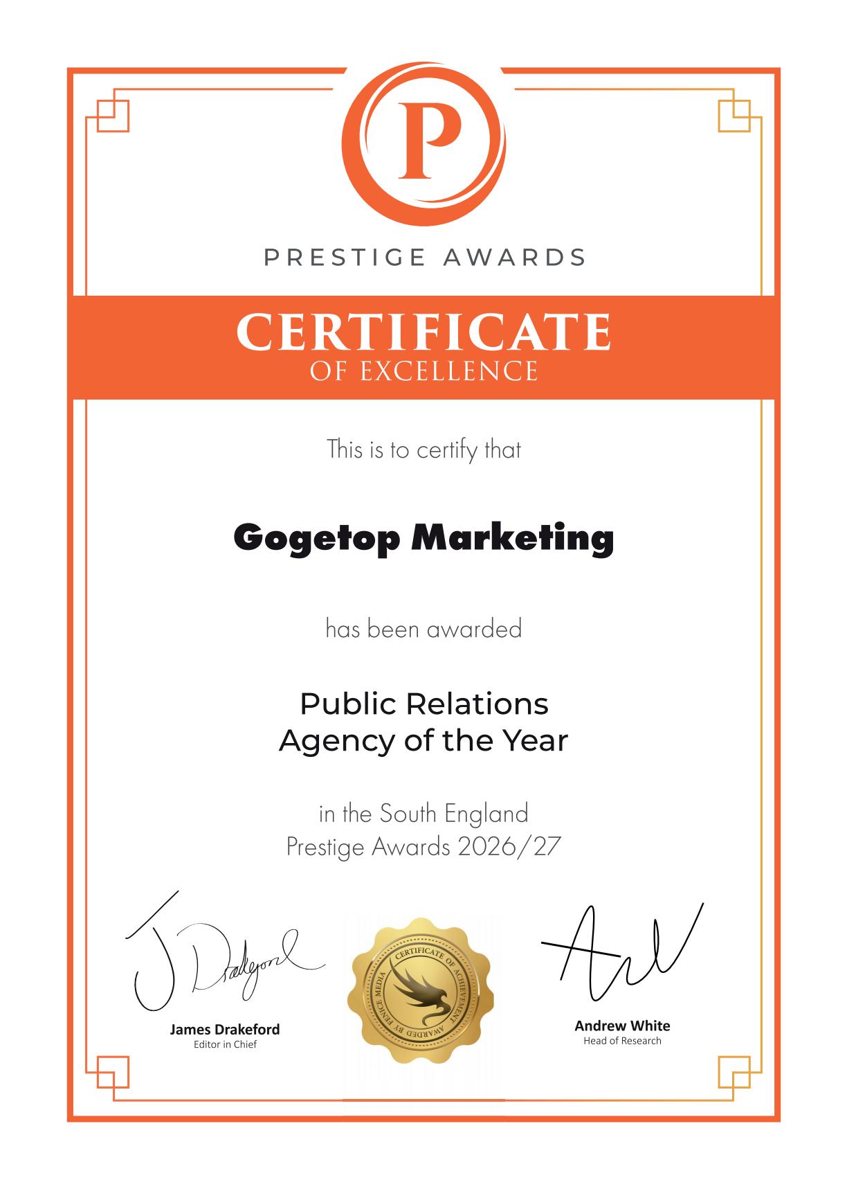 Gogetop Marketing – Public Relations Agency of the Year South England Prestige Awards 2026 2027 .jpg