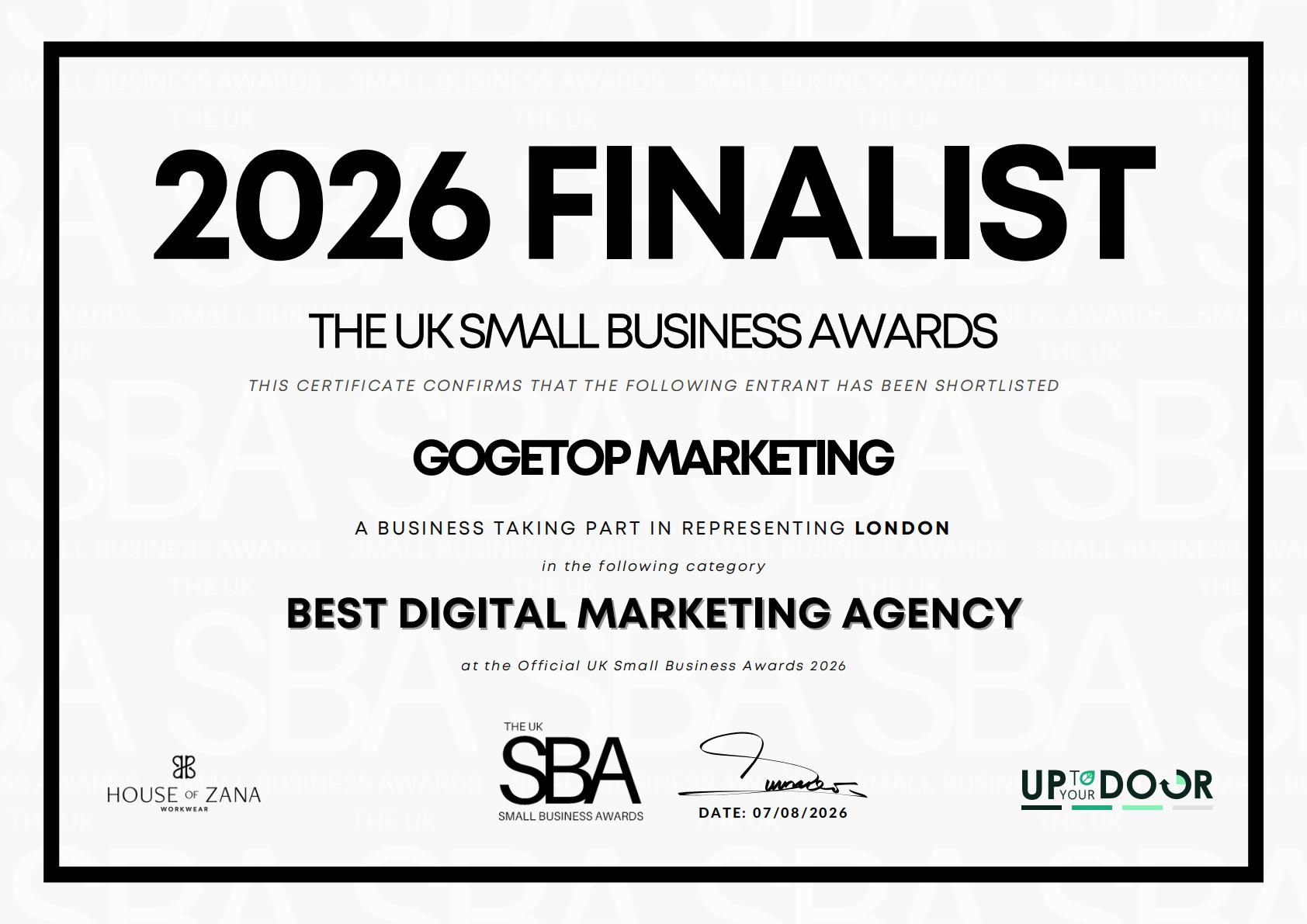 Gogetop Marketing 2026 UK Small Business Awards Best Digital Marketing Agency finalist certificate