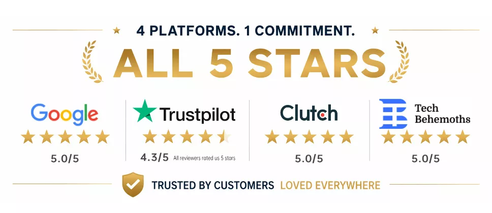 Gogetop Marketing five-star reviews across Google, Trustpilot, Clutch and FreeIndex