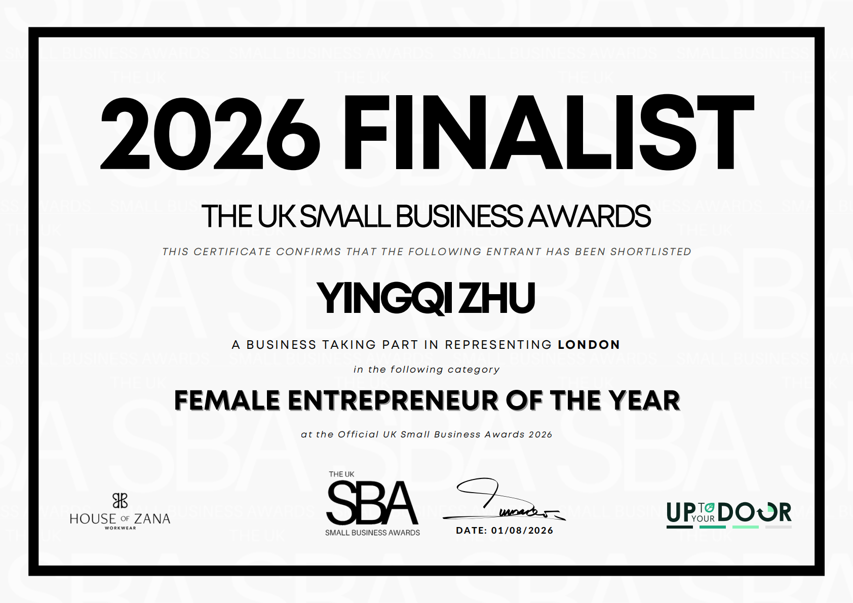 Yingqi Zhu 2026 UK Small Business Awards Female Entrepreneur of the Year finalist certificate